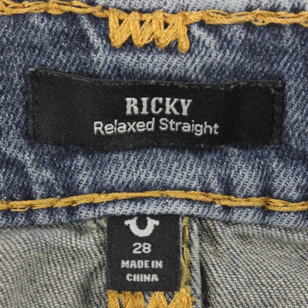 True Religion Ricky Jeans Men 28x32 Relaxed Straight Tan/Gold Stitch Flap Pocket